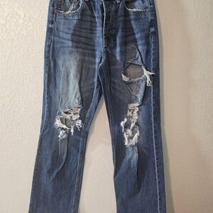 Aéropostale Distressed Straight High Rise Button Fly Blue Denim Women's Jeans